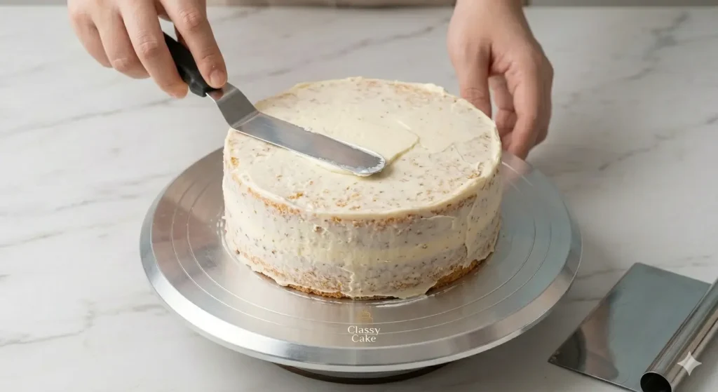 طريقة عمل طبقة حبس الفتات (Crumb Coat) للكيك للمبتدئين
Step-by-step crumb coating a cake with buttercream to trap crumbs