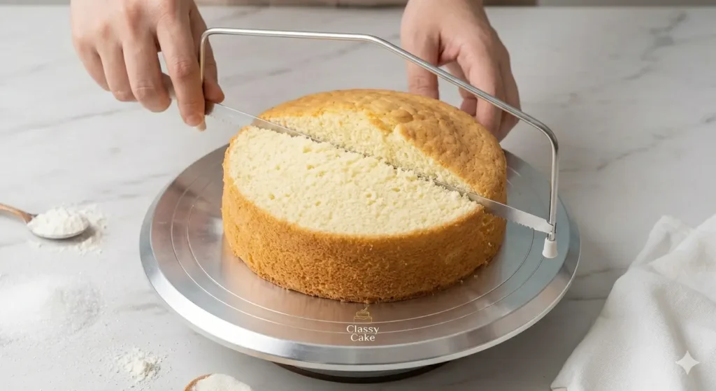 طريقة تسوية الكيك الإسفنجي بالمنشار اليدوي للحصول على سطح مستوٍ - دليل كلاسي كيك للمبتدئين